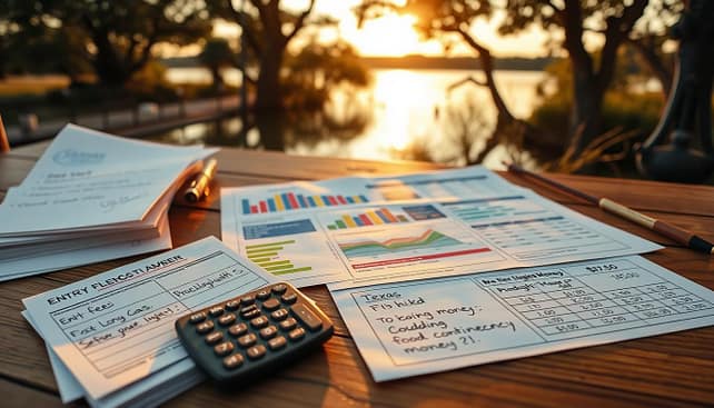 A detailed budget planner for a fishing tournament, laid out on a wooden table. In the foreground, a neatly arranged stack of entry fee envelopes with different amounts written on them, alongside a calculator and a notepad filled with handwritten notes about expenses. In the middle, colorful charts and graphs illustrating projected costs for gas, lodging, food, and contingency money. In the background, a beautiful scene of a tranquil Texas fishing lake during golden hour, with soft sunlight filtering through trees, enhancing the warm atmosphere. The scene should be inviting, with a sense of organization and planning, captured with a slight depth of field using a wide-angle lens to focus on the planner while maintaining a soft blur on the scenic background. A detailed budget planner for a fishing tournament, laid out on a wooden table. In the foreground, a neatly arranged stack of entry fee envelopes with different amounts written on them, alongside a calculator and a notepad filled with handwritten notes about expenses. In the middle, colorful charts and graphs illustrating projected costs for gas, lodging, food, and contingency money. In the background, a beautiful scene of a tranquil Texas fishing lake during golden hour, with soft sunlight filtering through trees, enhancing the warm atmosphere. The scene should be inviting, with a sense of organization and planning, captured with a slight depth of field using a wide-angle lens to focus on the planner while maintaining a soft blur on the scenic background.