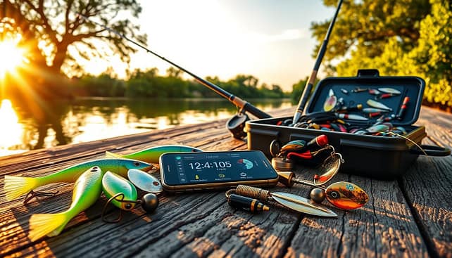 A detailed depiction of river tide fishing gear laid out on a textured wooden dock. In the foreground, prominently feature vibrant shallow crankbaits in assorted colors—green, blue, and yellow—alongside gently coiled spinnerbaits with shimmering blades catching the sunlight. A sleek tide clock app displayed on a smartphone rests nearby, showing tidal information. The middle ground includes a fishing rod securely leaned against the dock, with a tackle box overflowing with various lures and fishing equipment. In the background, a serene river reflects a golden sunset, casting warm light over the scene, while lush green trees frame the edges. The mood is focused, professional, and tranquil, evocative of a perfect day for fishing in Texas. A detailed depiction of river tide fishing gear laid out on a textured wooden dock. In the foreground, prominently feature vibrant shallow crankbaits in assorted colors—green, blue, and yellow—alongside gently coiled spinnerbaits with shimmering blades catching the sunlight. A sleek tide clock app displayed on a smartphone rests nearby, showing tidal information. The middle ground includes a fishing rod securely leaned against the dock, with a tackle box overflowing with various lures and fishing equipment. In the background, a serene river reflects a golden sunset, casting warm light over the scene, while lush green trees frame the edges. The mood is focused, professional, and tranquil, evocative of a perfect day for fishing in Texas.