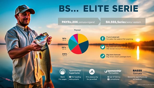 A detailed infographic illustrating the payout structure and bonus system of the B.A.S.S. Elite Series. In the foreground, depict a professional angler in a modest fishing shirt and cap, holding a trophy fish, symbolizing success. The middle section showcases a colorful pie chart displaying payout percentages for different placements, alongside icons representing big bass bonuses and sponsorship opportunities. The background features a serene lakeside landscape at dawn, with soft, warm lighting casting reflections on the water, creating an inspiring atmosphere. Use a wide-angle lens effect to enhance depth, allowing viewers to focus on the infographic elements while appreciating the natural beauty of the setting. The overall mood should convey excitement and professionalism, perfect for an informative article. A detailed infographic illustrating the payout structure and bonus system of the B.A.S.S. Elite Series. In the foreground, depict a professional angler in a modest fishing shirt and cap, holding a trophy fish, symbolizing success. The middle section showcases a colorful pie chart displaying payout percentages for different placements, alongside icons representing big bass bonuses and sponsorship opportunities. The background features a serene lakeside landscape at dawn, with soft, warm lighting casting reflections on the water, creating an inspiring atmosphere. Use a wide-angle lens effect to enhance depth, allowing viewers to focus on the infographic elements while appreciating the natural beauty of the setting. The overall mood should convey excitement and professionalism, perfect for an informative article.