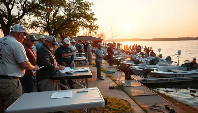 A dynamic scene of a pro-am fishing tournament marshalling start, set at a scenic lake in Texas. In the foreground, a diverse group of professional anglers in modest casual clothing gather around a registration table, reviewing entry forms and discussing co-angler options. The middle ground features boats lined up at a dock, ready for launch, with excited spectators observing from the shoreline. In the background, the sun rises over the water, casting a warm golden light, reflecting on the lake’s surface, and creating a vibrant atmosphere filled with anticipation. A few trees frame the scene, enhancing the natural beauty of the Texas landscape. Capture the essence of teamwork and competition, ensuring a clear focus on the action and excitement of the tournament's beginning.