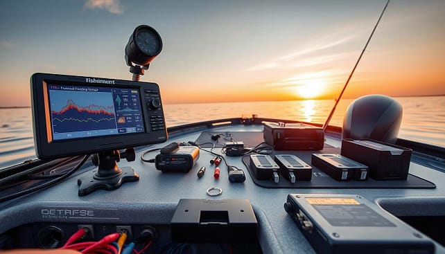 A high-tech tournament bass fishing setup on a sleek fishing boat. In the foreground, display advanced electronics tools: a digital fish finder screen showing graphs and fish tracking, a forward-facing sonar (FFS) on a swivel mount, and a transducer mounted on the boat hull. The middle ground features neatly organized spare fuses, battery chargers, and a compact battery management system laid out on a work table. In the background, a serene Texas reservoir with gentle ripples reflecting the sunset, casting a warm glow over the scene. Use a wide-angle lens to capture the entire setup, ensuring clarity and detail in the technology, and create a focused, professional atmosphere that feels like competition readiness.