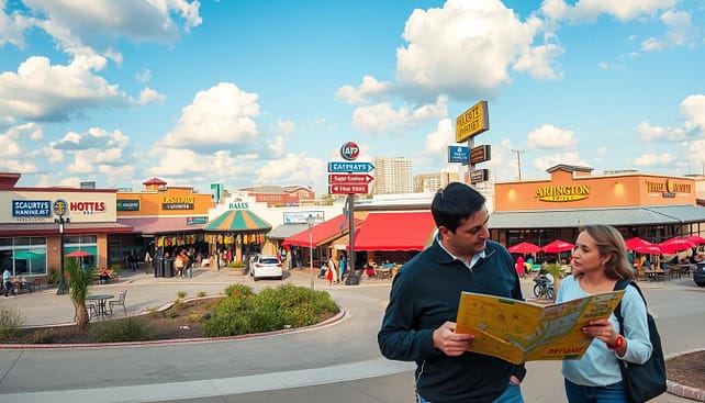 A panoramic view of Arlington, Texas, showcasing a vibrant lodging area filled with a variety of hotels and dining options. In the foreground, a family is seen discussing their plans with a map in hand, dressed in modest casual clothing, indicating a friendly and inviting atmosphere. In the middle ground, colorful eateries with outdoor seating create a lively ambiance, while well-marked signs point towards nearby venues for events. The background features a blue sky with fluffy clouds, suggesting pleasant weather. Soft, warm lighting enhances the welcoming vibe, with a professional aesthetic emphasized by clear lines and an inviting composition. The scene encapsulates a sense of community and safety, ideal for visitors exploring local accommodations and activities. A panoramic view of Arlington, Texas, showcasing a vibrant lodging area filled with a variety of hotels and dining options. In the foreground, a family is seen discussing their plans with a map in hand, dressed in modest casual clothing, indicating a friendly and inviting atmosphere. In the middle ground, colorful eateries with outdoor seating create a lively ambiance, while well-marked signs point towards nearby venues for events. The background features a blue sky with fluffy clouds, suggesting pleasant weather. Soft, warm lighting enhances the welcoming vibe, with a professional aesthetic emphasized by clear lines and an inviting composition. The scene encapsulates a sense of community and safety, ideal for visitors exploring local accommodations and activities.