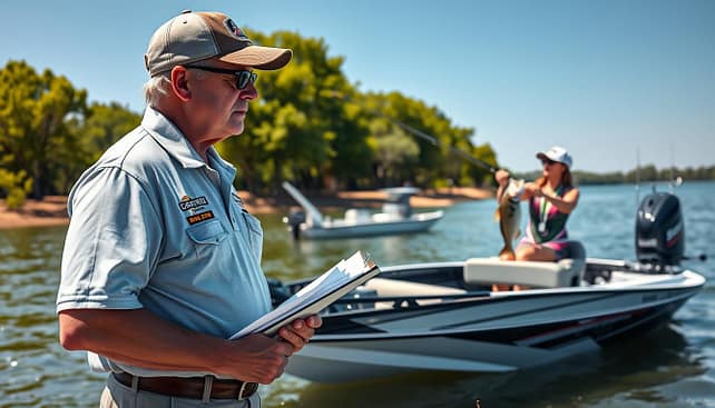 A professional bass fishing tournament scene on a bright, sunny day at a Texas lake. In the foreground, a focused marshal dressed in a branded polo shirt and cap stands attentively next to a pro angler, who is casting from a sleek, modern fishing boat. The marshal, a middle-aged man with glasses, observes intently, taking notes on a clipboard. In the middle ground, the pro angler, a young woman with sun protection gear, demonstrates expert technique while reeling in a fish. The background showcases vibrant green trees lining the shore and other tournament boats in the distance, creating a lively atmosphere. The sunlight glistens on the water surface, enhancing the sense of excitement and professionalism in the competitive fishing environment.