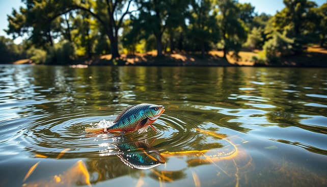 A serene lake scene during post-spawn fishing, featuring a skilled angler in professional attire casting a jig under the shadows of lush trees. In the foreground, an intricately designed jig, shimmering with blue and green hues, is splashing gently on the water's surface as it’s being skipped across the bluegill beds below. In the middle ground, sun-dappled patches of light create a mix of vibrant greens and subtle browns, while a few bluegill beds can be vaguely seen beneath the clear water. The background reveals a tranquil shoreline lined with dense foliage, reflecting the golden light of a warm early summer afternoon. The atmosphere is calm yet anticipatory, capturing the excitement of bass fishing in this perfect shade. A serene lake scene during post-spawn fishing, featuring a skilled angler in professional attire casting a jig under the shadows of lush trees. In the foreground, an intricately designed jig, shimmering with blue and green hues, is splashing gently on the water's surface as it’s being skipped across the bluegill beds below. In the middle ground, sun-dappled patches of light create a mix of vibrant greens and subtle browns, while a few bluegill beds can be vaguely seen beneath the clear water. The background reveals a tranquil shoreline lined with dense foliage, reflecting the golden light of a warm early summer afternoon. The atmosphere is calm yet anticipatory, capturing the excitement of bass fishing in this perfect shade.