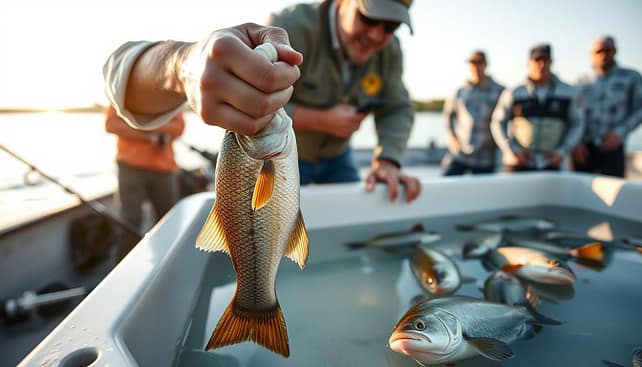 A serene lakeside scene at a fishing tournament, capturing an expert angler in professional casual wear, demonstrating proper fish handling etiquette. In the foreground, the angler carefully holds a healthy fish vertically, showing wet hands while gently removing a barbless hook. The middle ground features a water-filled livewell, showcasing additional fish swimming peacefully, emphasizing livewell management. In the background, fellow competitors observe with interest, appreciating the careful attention to ethical handling practices. The setting is bathed in warm, natural light with a soft focus on the angler to accentuate the action. The overall mood is respectful and attentive, conveying a sense of responsibility and care for the fish.