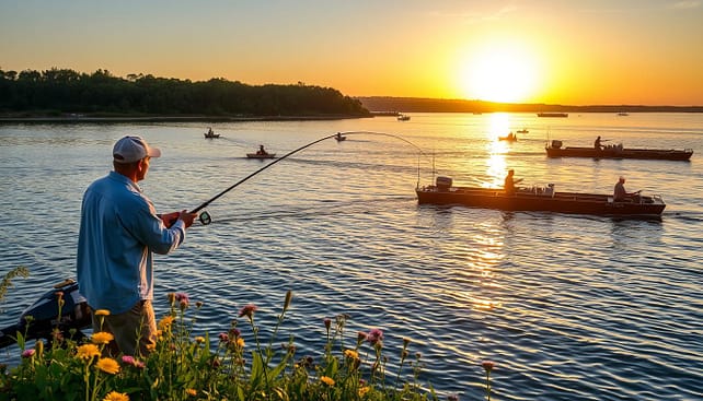 A serene lakeside scene depicting seasonal bass fishing patterns at Lake Fork and the Sabine River. In the foreground, a skilled angler in modest casual clothing casts a fishing line from a boat, surrounded by lush greenery and blooming wildflowers. In the middle ground, Lake Fork is bustling with activity: fishermen strategically positioned on the water, showcasing techniques for pre-spawn, shad spawn, and summer offshore patterns. Meanwhile, the Sabine River showcases flowing tides, with distinct drain areas and barge traffic nearby, highlighting its unique fishing environment. The background features a golden sunset casting warm light over the water, reflecting the dynamic fishing landscapes. The atmosphere is peaceful yet vibrant, capturing the essence of seasonal fishing in Texas.