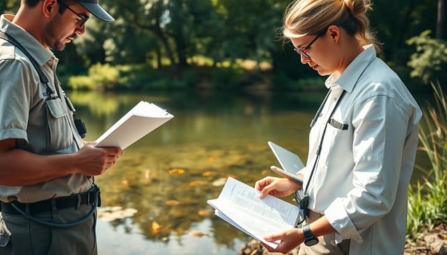 A serene outdoor setting featuring a fish conservation team analyzing aquatic data beside a tranquil lake. In the foreground, a dedicated biologist in professional attire examines a clipboard filled with fish mortality reports while a colleague inputs data into a laptop. In the middle, colorful fish species can be seen swimming in clear water, symbolizing the focus on conservation. The background highlights lush greenery and soft sunlight filtering through trees, creating an inviting atmosphere. Use a warm color palette with natural, soft lighting to emphasize a sense of care and responsibility towards fish conservation. Capture the scene from a slightly elevated angle for a comprehensive view of the team and their environment, inspiring a feeling of hope and commitment to improving fish care practices. A serene outdoor setting featuring a fish conservation team analyzing aquatic data beside a tranquil lake. In the foreground, a dedicated biologist in professional attire examines a clipboard filled with fish mortality reports while a colleague inputs data into a laptop. In the middle, colorful fish species can be seen swimming in clear water, symbolizing the focus on conservation. The background highlights lush greenery and soft sunlight filtering through trees, creating an inviting atmosphere. Use a warm color palette with natural, soft lighting to emphasize a sense of care and responsibility towards fish conservation. Capture the scene from a slightly elevated angle for a comprehensive view of the team and their environment, inspiring a feeling of hope and commitment to improving fish care practices.