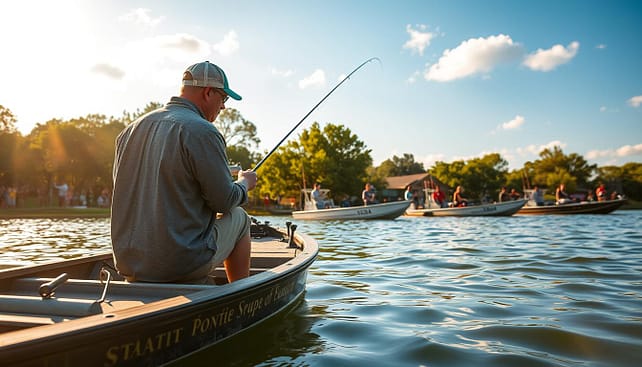 A tranquil morning scene at Lake Conroe, Texas, showcasing classic bass fishing. In the foreground, a skilled angler in a modest fishing shirt and cap meticulously casts his line from a well-worn bass boat, the rippling water reflecting the early sunlight. The middle ground features several fishing boats, each with focused competitors preparing for the day's weigh-ins, surrounded by eager fans cheering from a distance. The background presents the lush greenery of Texas trees framing the lake, under a bright blue sky with soft, scattered clouds. The atmosphere is vibrant and energetic, capturing the excitement of a fishing tournament. The lighting is warm and golden, typical of a Texas sunrise, creating a sense of camaraderie and competitive spirit among anglers and spectators alike.
