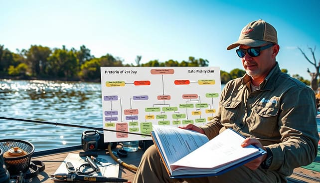 A vibrant outdoor scene depicting a serene lakeside environment under the warm Texas sun, showcasing a diverse fishing practice plan. In the foreground, a professional angler dressed in modest casual clothing examines a detailed fishing strategy notebook, surrounded by fishing gear and tools. The middle layer features a large, visually engaging pattern tree diagram with colorful branches representing primary, backup, and emergency fishing plans, artistically illustrated. The background reveals a peaceful lake with gentle ripples, lush green trees, and clear blue skies, creating a sense of tranquility and preparation. The lighting is bright and inviting, casting soft shadows, with a focus on the angler and the plan to highlight their dedication and meticulous approach to tournament preparation.