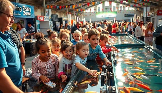 A vibrant scene at a fishing expo featuring kids interacting with touch tanks filled with colorful marine life. In the foreground, a diverse group of children, dressed in modest casual clothing, are excitedly reaching into the tanks, their faces filled with joy and curiosity. Nearby, a parent or caregiver watches with a smile, emphasizing a family-friendly atmosphere. In the middle ground, various vendor booths are visible, some showcasing fishing gear and conservation materials, while others offer free samples. The background captures the bustling expo environment, with decorative banners and cheerful crowds. Natural lighting filters through, casting a warm glow over the scene, evoking a sense of fun and discovery. The perspective is slightly elevated, offering a comprehensive view of the interactive family zone.