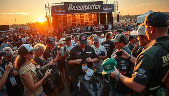 A vibrant scene capturing the excitement of Bassmaster Classic fans eagerly waiting for autographs from professional anglers. In the foreground, a diverse group of fans, dressed in casual attire, holds fishing gear and memorabilia, showcasing a mix of excitement and anticipation. The middle features anglers interacting with fans, smiling and signing hats and posters, creating a lively atmosphere. In the background, a lively crowd surrounds a stage adorned with Bassmaster banners, with the sun setting, bathing the scene in warm, golden light. The composition emphasizes the camaraderie and enthusiasm among fans and athletes, shot from a slightly elevated perspective to capture the full depth of the event, evoking a sense of joy and community. A vibrant scene capturing the excitement of Bassmaster Classic fans eagerly waiting for autographs from professional anglers. In the foreground, a diverse group of fans, dressed in casual attire, holds fishing gear and memorabilia, showcasing a mix of excitement and anticipation. The middle features anglers interacting with fans, smiling and signing hats and posters, creating a lively atmosphere. In the background, a lively crowd surrounds a stage adorned with Bassmaster banners, with the sun setting, bathing the scene in warm, golden light. The composition emphasizes the camaraderie and enthusiasm among fans and athletes, shot from a slightly elevated perspective to capture the full depth of the event, evoking a sense of joy and community.