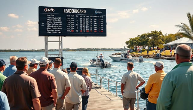 A vibrant scene depicting a live leaderboard displaying real-time fishing tournament stats, set on a sunny day by the water. In the foreground, an organized group of fans clad in smart casual outdoor attire, such as polo shirts and lightweight jackets, attentively watching the leaderboard on a large digital screen mounted on a boat dock. In the middle ground, sleek fishing boats glide across the calm surface, with anglers showcasing good on-water etiquette, such as maintaining distance and waving at each other. The background features a scenic lakeside with trees and spectators on the shore enjoying the event, all bathed in warm sunlight. The atmosphere is lively and engaging, capturing the excitement of the tournament while emphasizing respectful fan behavior. The lens perspective is slightly elevated, providing a panoramic view of the entire scene, with a focus on the leaderboard and participants. A vibrant scene depicting a live leaderboard displaying real-time fishing tournament stats, set on a sunny day by the water. In the foreground, an organized group of fans clad in smart casual outdoor attire, such as polo shirts and lightweight jackets, attentively watching the leaderboard on a large digital screen mounted on a boat dock. In the middle ground, sleek fishing boats glide across the calm surface, with anglers showcasing good on-water etiquette, such as maintaining distance and waving at each other. The background features a scenic lakeside with trees and spectators on the shore enjoying the event, all bathed in warm sunlight. The atmosphere is lively and engaging, capturing the excitement of the tournament while emphasizing respectful fan behavior. The lens perspective is slightly elevated, providing a panoramic view of the entire scene, with a focus on the leaderboard and participants.