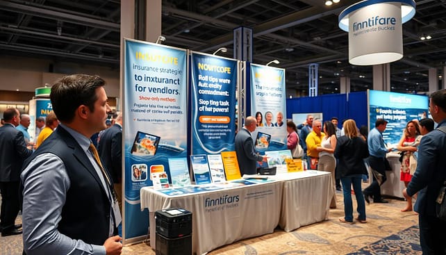 A vibrant trade show booth focused on insurance strategies for vendors at fishing events, showcasing a dynamic display of promotional materials. In the foreground, a professional businessperson wearing smart attire engages with attendees, emphasizing ROI tips through demonstrations of products and email capture methods. The middle layer features eye-catching banners and a well-organized table displaying show-only bundles, enticing visitors. The background includes a crowd of interested individuals, animatedly discussing the offerings. Soft, focused lighting creates an inviting atmosphere, reflecting the excitement of the event. The image perspective is slightly elevated, capturing the bustling scene with depth and engagement, emphasizing the importance of strategic marketing in this niche market. A vibrant trade show booth focused on insurance strategies for vendors at fishing events, showcasing a dynamic display of promotional materials. In the foreground, a professional businessperson wearing smart attire engages with attendees, emphasizing ROI tips through demonstrations of products and email capture methods. The middle layer features eye-catching banners and a well-organized table displaying show-only bundles, enticing visitors. The background includes a crowd of interested individuals, animatedly discussing the offerings. Soft, focused lighting creates an inviting atmosphere, reflecting the excitement of the event. The image perspective is slightly elevated, capturing the bustling scene with depth and engagement, emphasizing the importance of strategic marketing in this niche market.