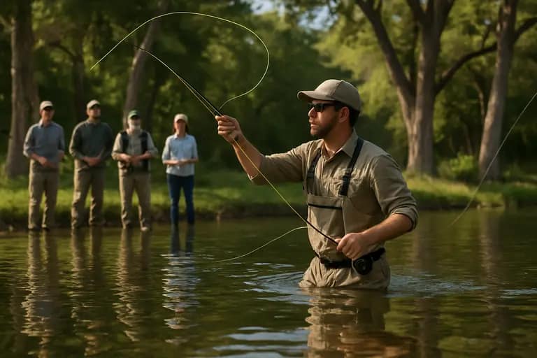 Casting lane with fly line stretched across grass near a pond