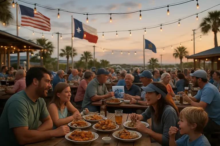 Families and anglers gathered near a marina during a coastal fishing event