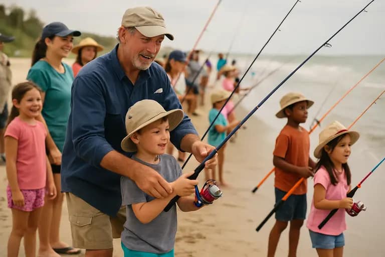 Families and anglers gathered near a pavilion during a coastal fishing event