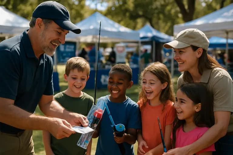 Families and anglers meet near the water after a local fishing event