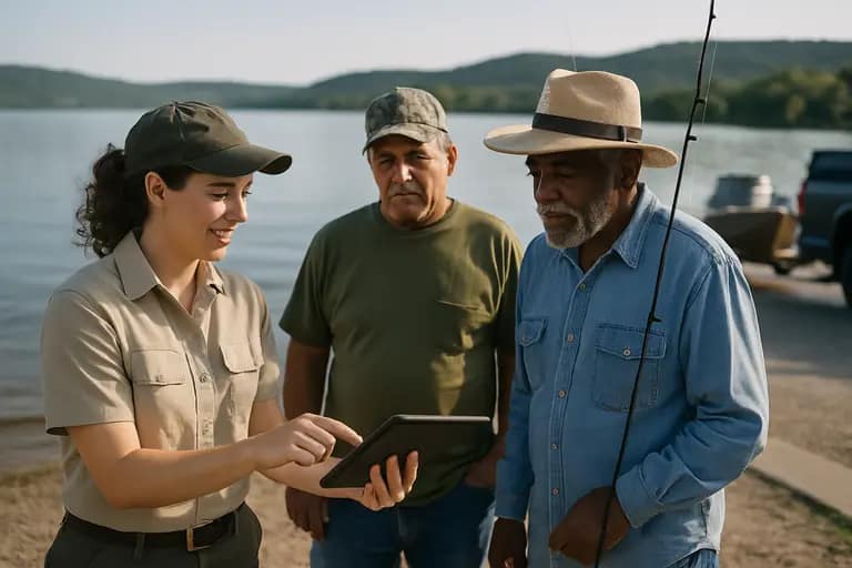 Public access area with anglers preparing gear near a lakeside sign